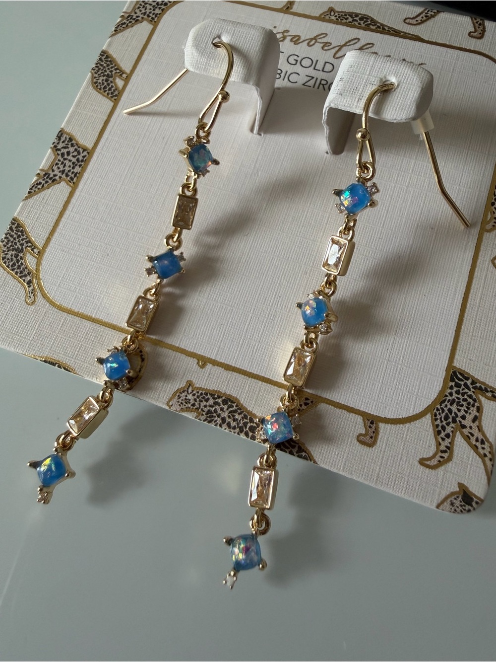 Gold blue Opal cubic zirconia Dangle Earrings